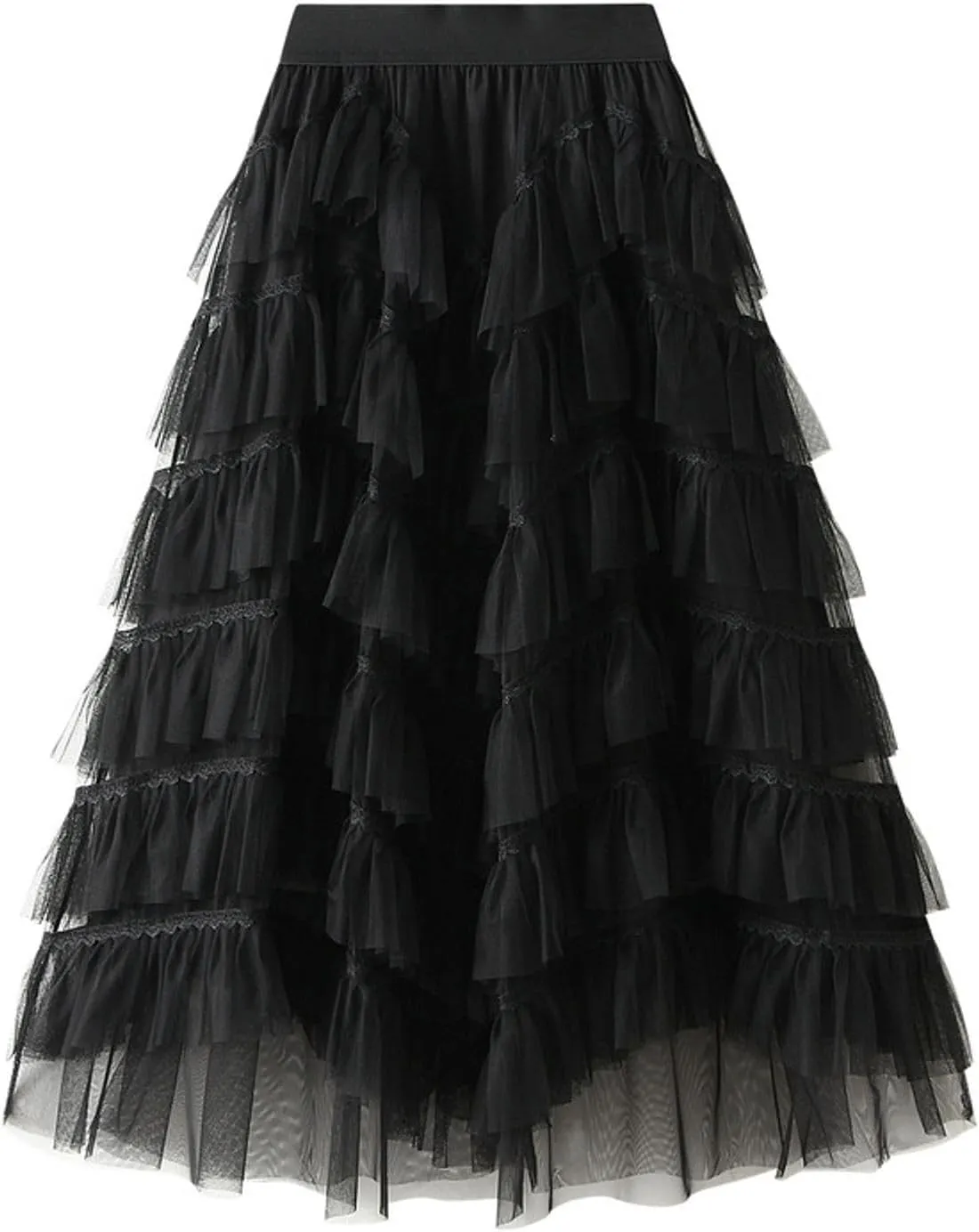 Womens Tutu Tulle Skirts Elastic High Waist Ruffles Skirt A-line Flowy Midi Tiered Skirt Summer Pleated Dance Skirts