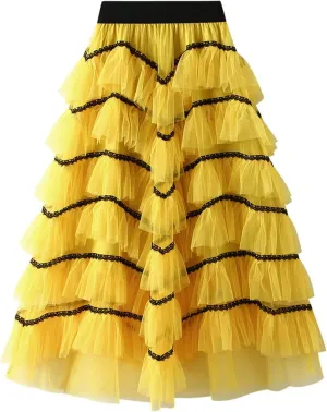 Womens Tutu Tulle Skirts Elastic High Waist Ruffles Skirt A-line Flowy Midi Tiered Skirt Summer Pleated Dance Skirts
