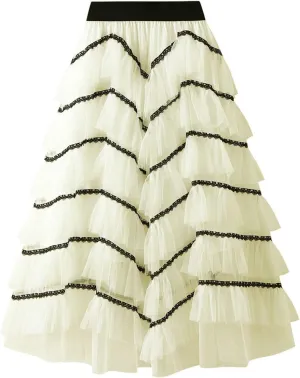 Womens Tutu Tulle Skirts Elastic High Waist Ruffles Skirt A-line Flowy Midi Tiered Skirt Summer Pleated Dance Skirts