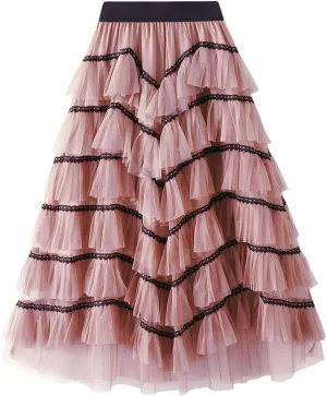 Womens Tutu Tulle Skirts Elastic High Waist Ruffles Skirt A-line Flowy Midi Tiered Skirt Summer Pleated Dance Skirts