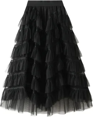 Womens Tutu Tulle Skirts Elastic High Waist Ruffles Skirt A-line Flowy Midi Tiered Skirt Summer Pleated Dance Skirts