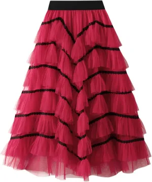 Womens Tutu Tulle Skirts Elastic High Waist Ruffles Skirt A-line Flowy Midi Tiered Skirt Summer Pleated Dance Skirts
