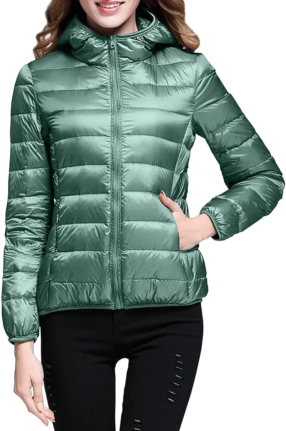Womens Warm Lightweight Jacket Hooded Windproof Winter Coat With Recycled Insulation Slim Short Down Coat Outerwear