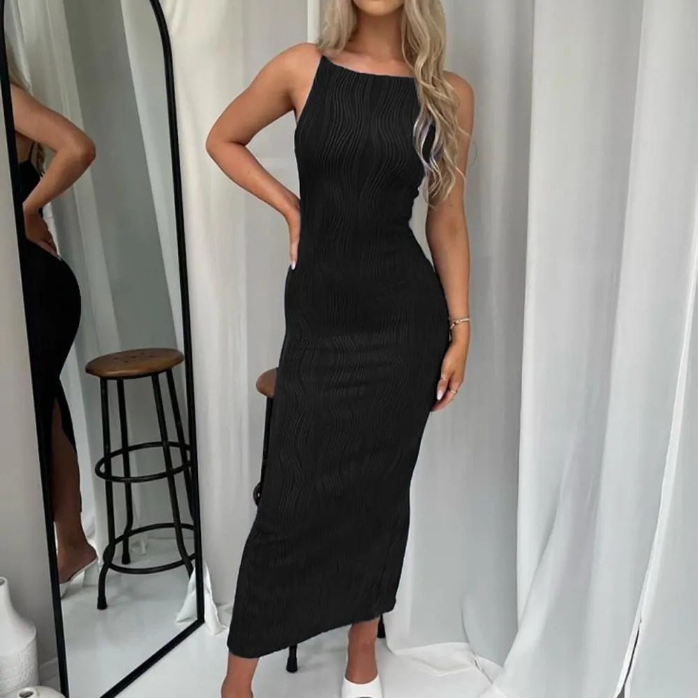 Women's White Summer Backless Party Dress: Strap Pencil Maxi Skirt Solid Vintage Round Neck Pleated Dresses