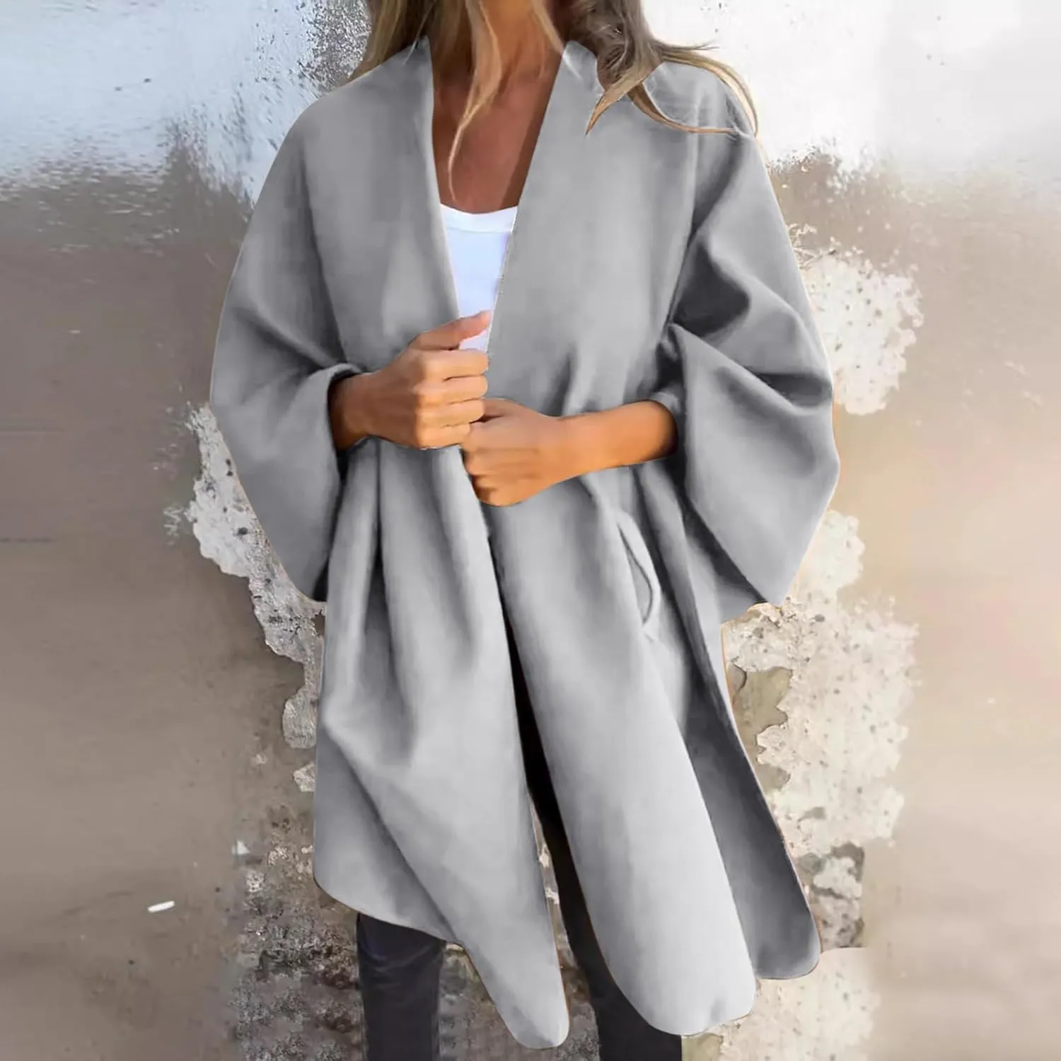 Womens Winter Loose Cape Jackets Solid Open Front Bow Knot Blanket Cloak Coat Fashion Casual Wool Poncho Copes