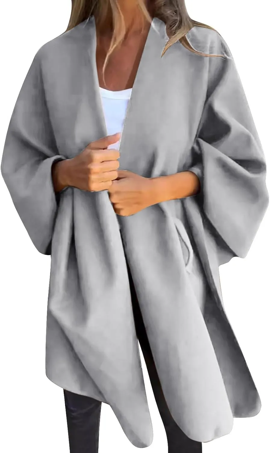 Womens Winter Loose Cape Jackets Solid Open Front Bow Knot Blanket Cloak Coat Fashion Casual Wool Poncho Copes