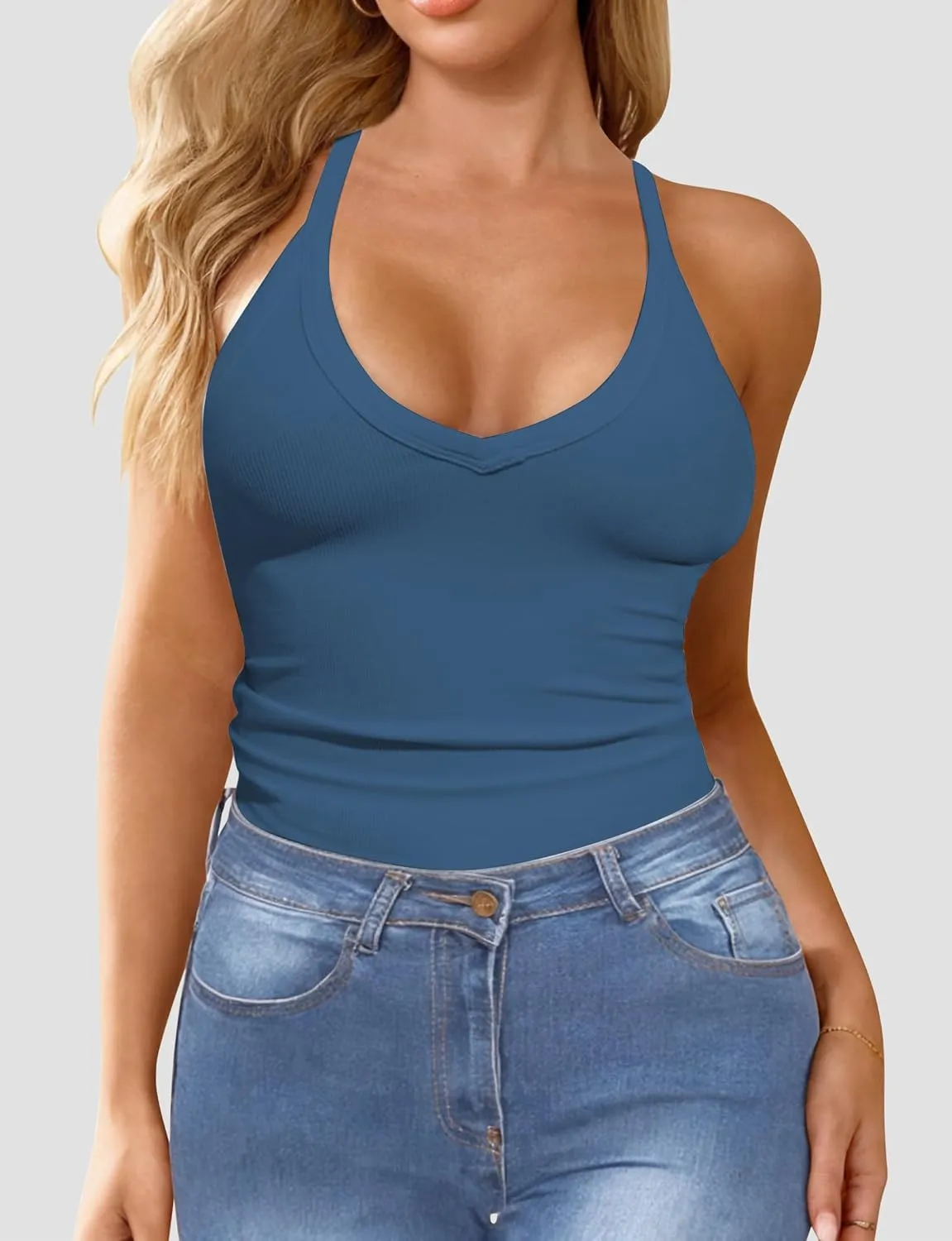 Workout Tank Tops for Women V Neck Racerback Tank Tops Ribbed Knit Camisole Top Slim Fit Basic Yoga Sleeveless Tops