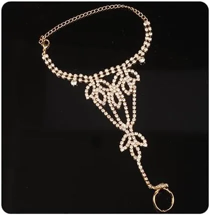 Xerling Gold Rhinestone Hand Jewelry for Women Finger Ring Bracelets Slave Chain Hand Harness Bracelets Boho Charms Hand Chain Bracelets (Gold)