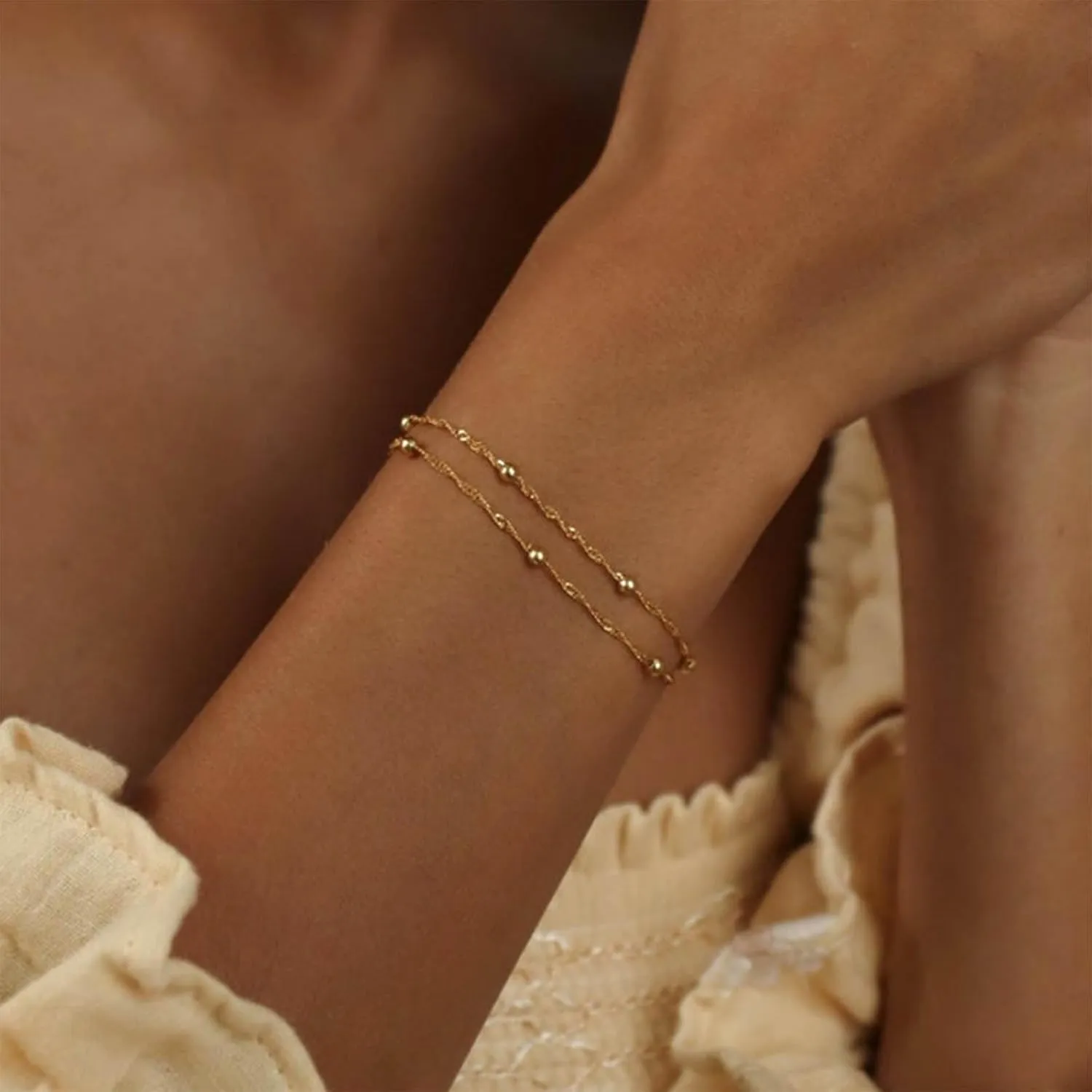 YienDoo Unique Layered Bead Bracelets Chain Gold Bead Satellite Hand Chain Boho Bead Wrist Chain Dainty Bead Slave Bracelets Minimalist Bead Bracelets for Women and Girls