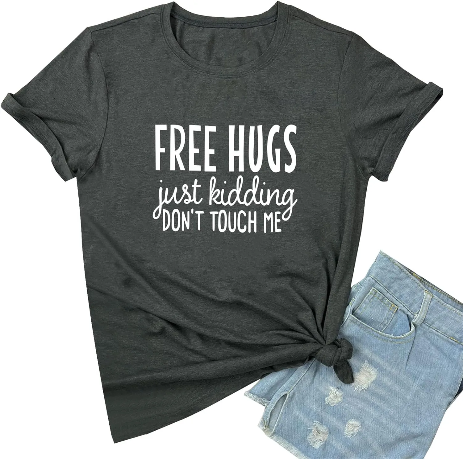 YITAN Women Cute Short Sleeve Tees Free HUGS Graphic T Shirts