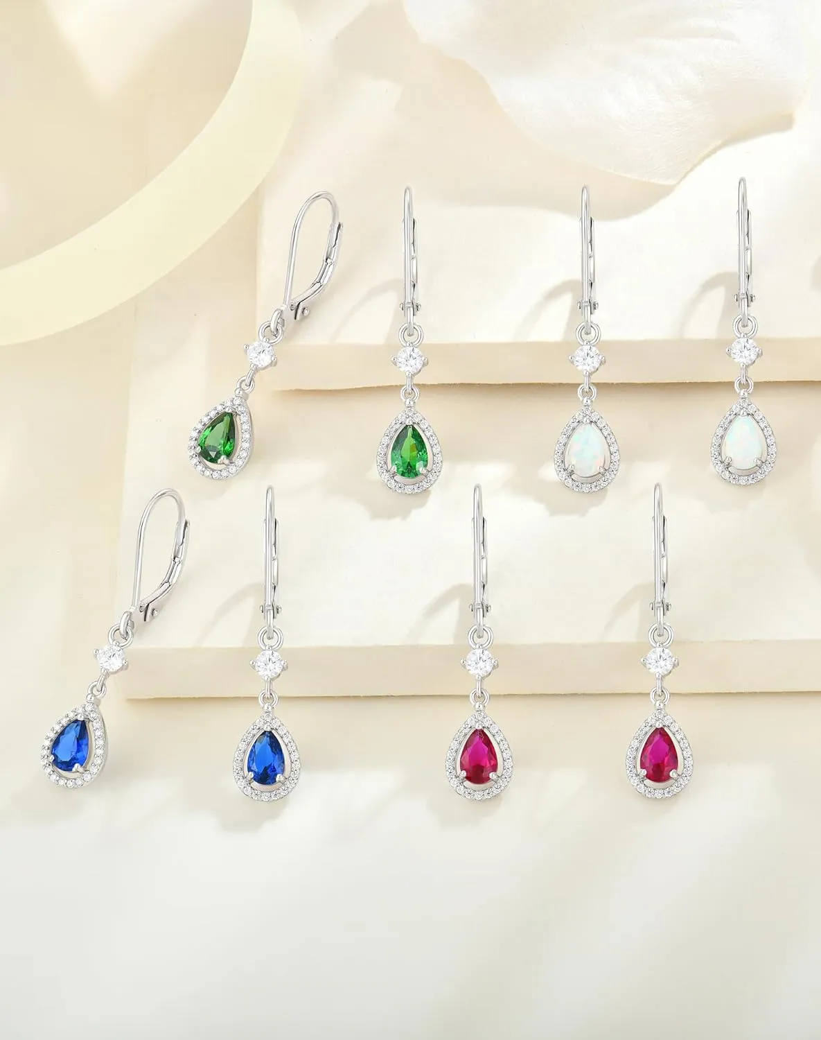 YL Halo Teardrop Pear Earrings for Women, Solid Sterling Silver 18K White Gold Plated Birthstone Dangle Leverback Jewelry