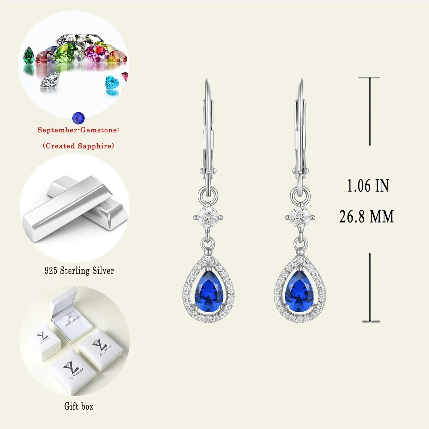 YL Halo Teardrop Pear Earrings for Women, Solid Sterling Silver 18K White Gold Plated Birthstone Dangle Leverback Jewelry