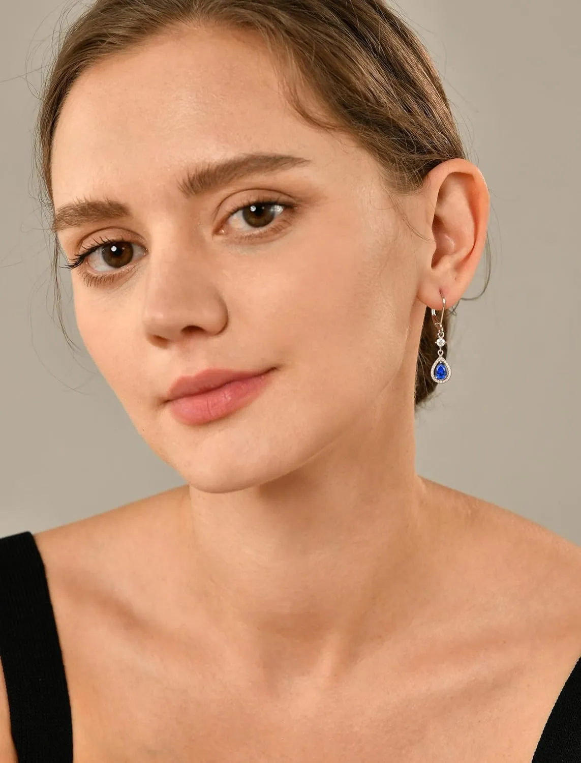 YL Halo Teardrop Pear Earrings for Women, Solid Sterling Silver 18K White Gold Plated Birthstone Dangle Leverback Jewelry