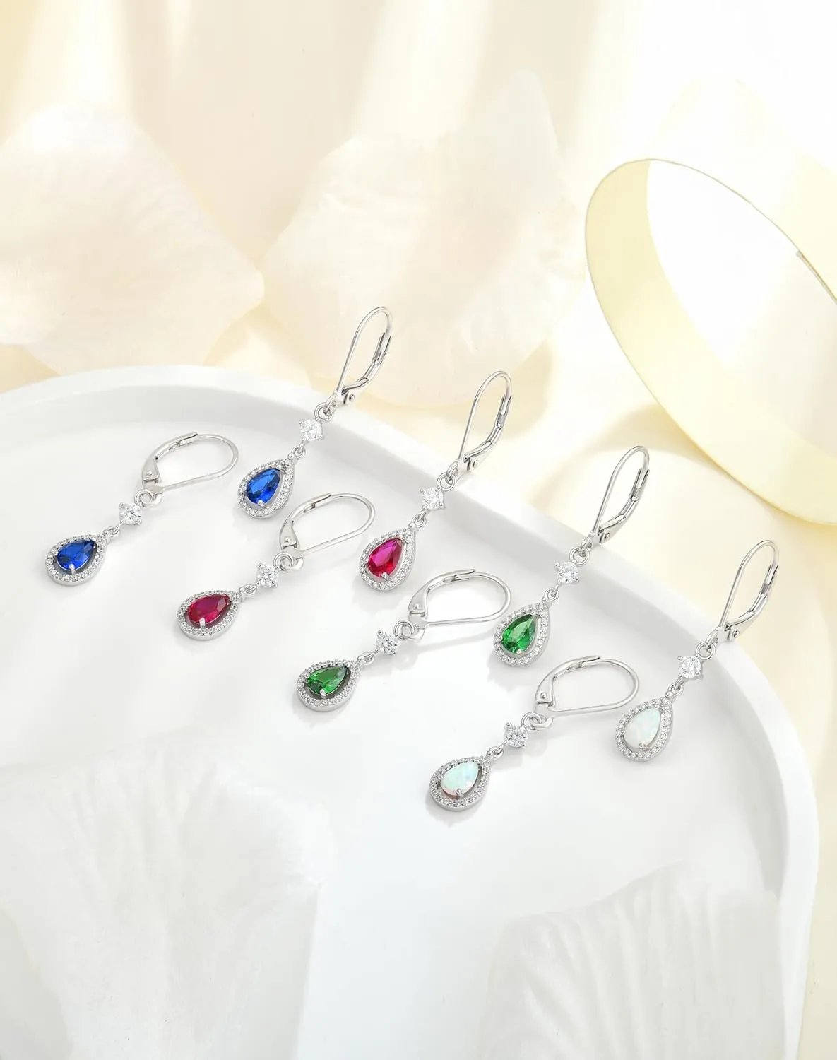 YL Halo Teardrop Pear Earrings for Women, Solid Sterling Silver 18K White Gold Plated Birthstone Dangle Leverback Jewelry
