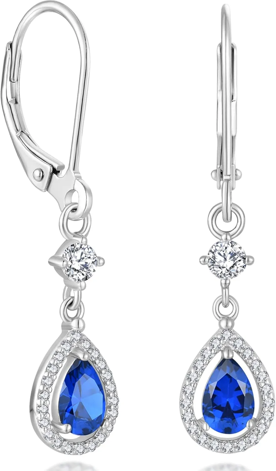 YL Halo Teardrop Pear Earrings for Women, Solid Sterling Silver 18K White Gold Plated Birthstone Dangle Leverback Jewelry