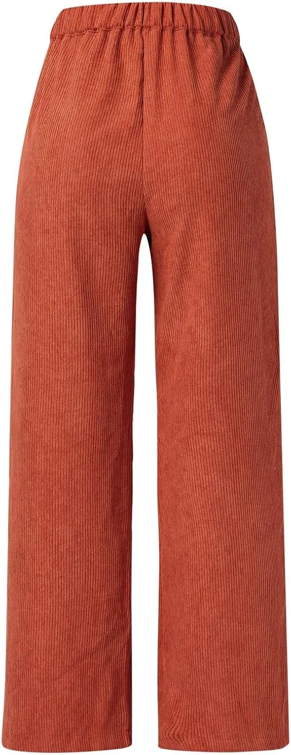 YOLAI Casual High Waist Straight Wide Leg Trousers Women Solid Color Corduroy Pants