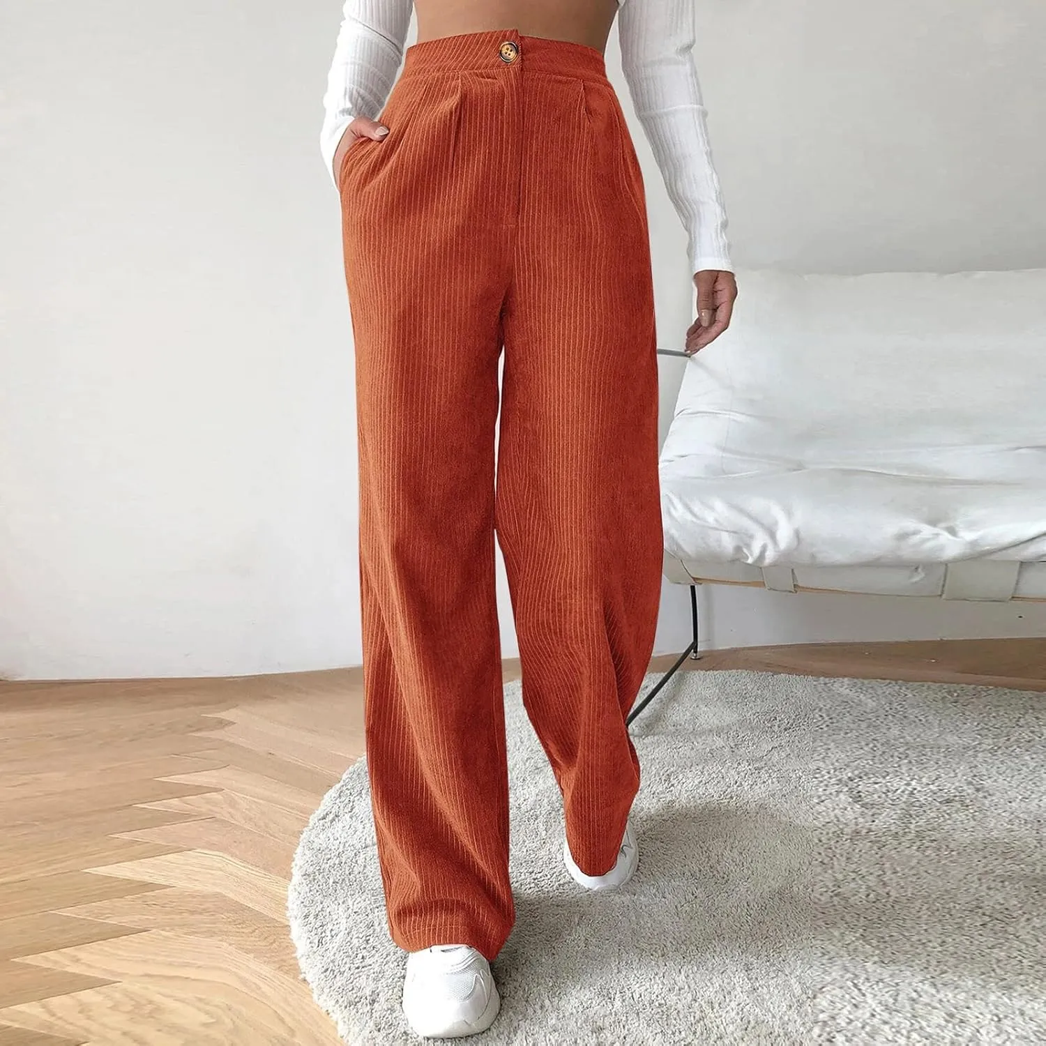 YOLAI Casual High Waist Straight Wide Leg Trousers Women Solid Color Corduroy Pants