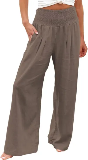 YOLAI Cotton Linen Palazzo Pants for Women Smocked High Elastic Waist Loose Trousers Comfy Wide Leg Pants with Pockets (Coffee, S)
