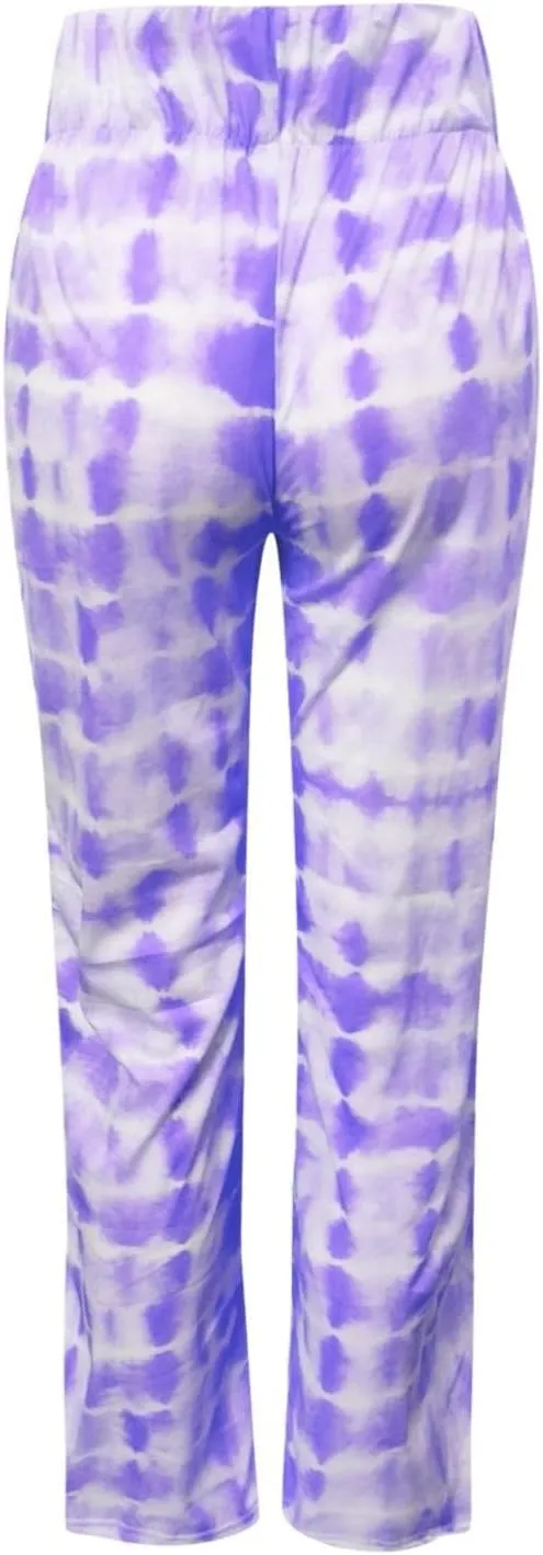 YOLAI Women's Casual Tie-dye Printed Pants High Waist Drawstring Straight Leg Pant Lightweight Trousers with Pockets