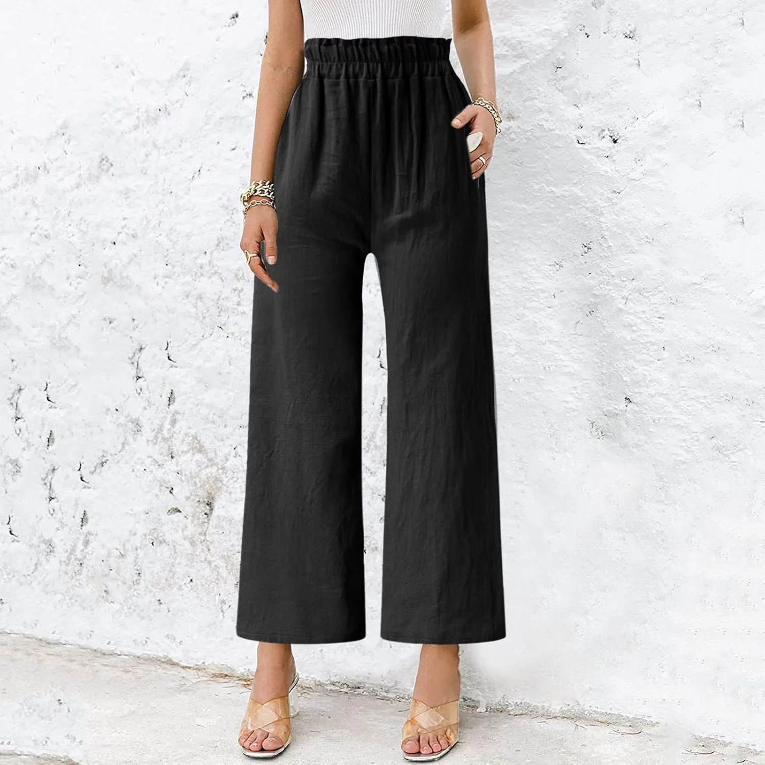 YOLAI Women's Solid Cotton Linen Casual Pants Solid Color Wide Leg Trouser High Waist Business Work Trousers