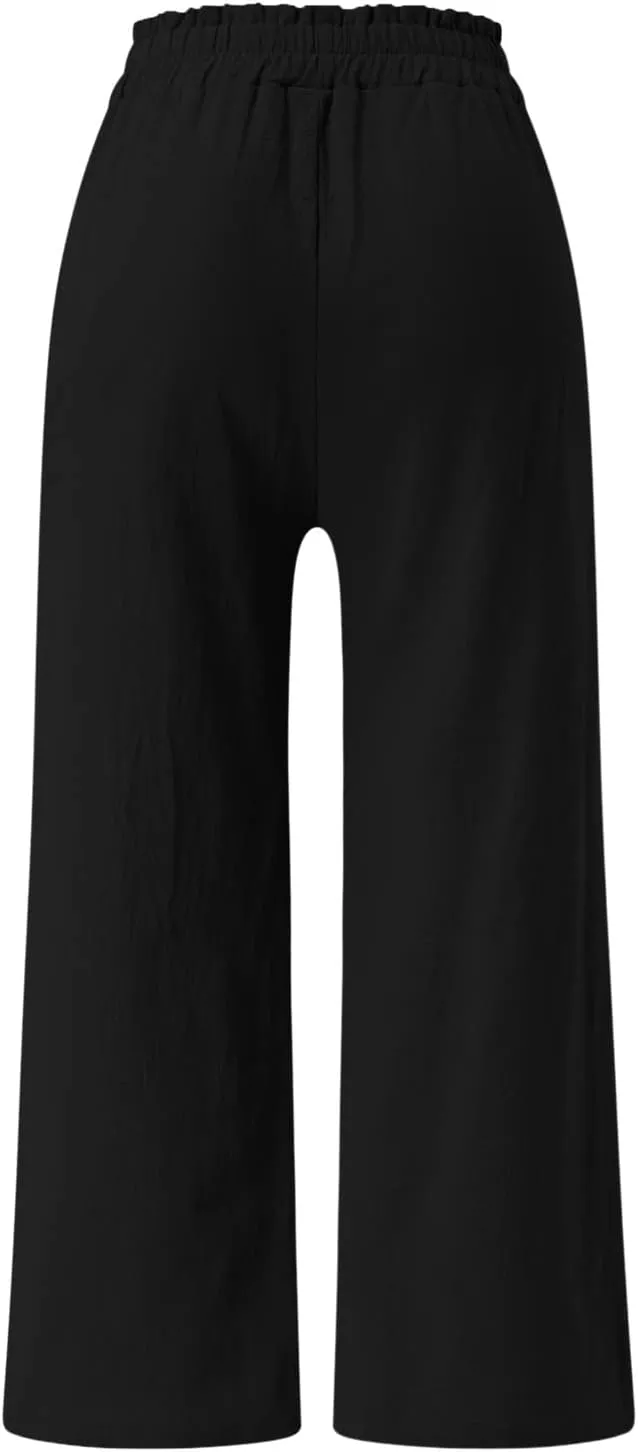 YOLAI Women's Solid Cotton Linen Casual Pants Solid Color Wide Leg Trouser High Waist Business Work Trousers