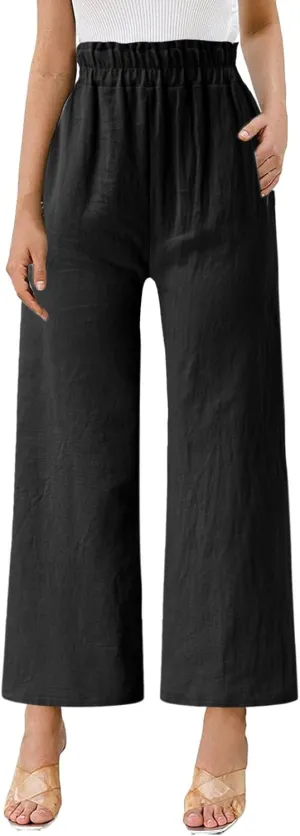 YOLAI Women's Solid Cotton Linen Casual Pants Solid Color Wide Leg Trouser High Waist Business Work Trousers