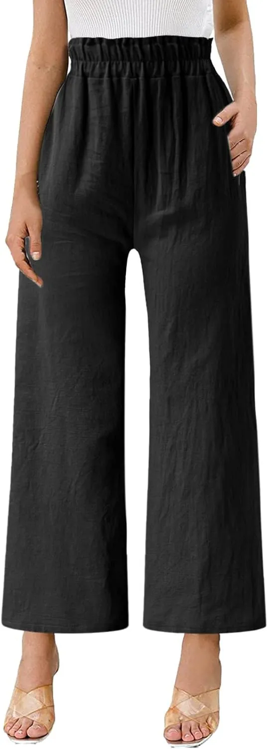 YOLAI Women's Solid Cotton Linen Casual Pants Solid Color Wide Leg Trouser High Waist Business Work Trousers