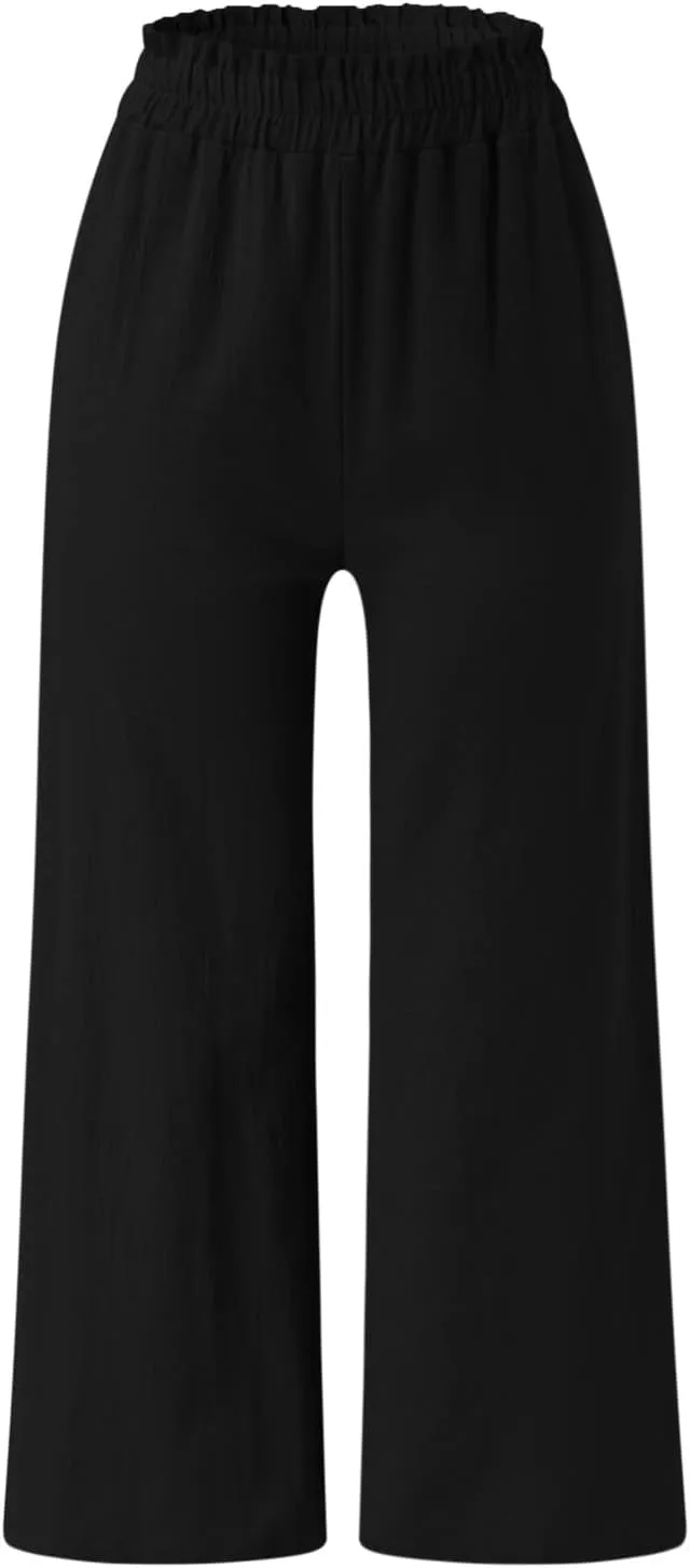 YOLAI Women's Solid Cotton Linen Casual Pants Solid Color Wide Leg Trouser High Waist Business Work Trousers