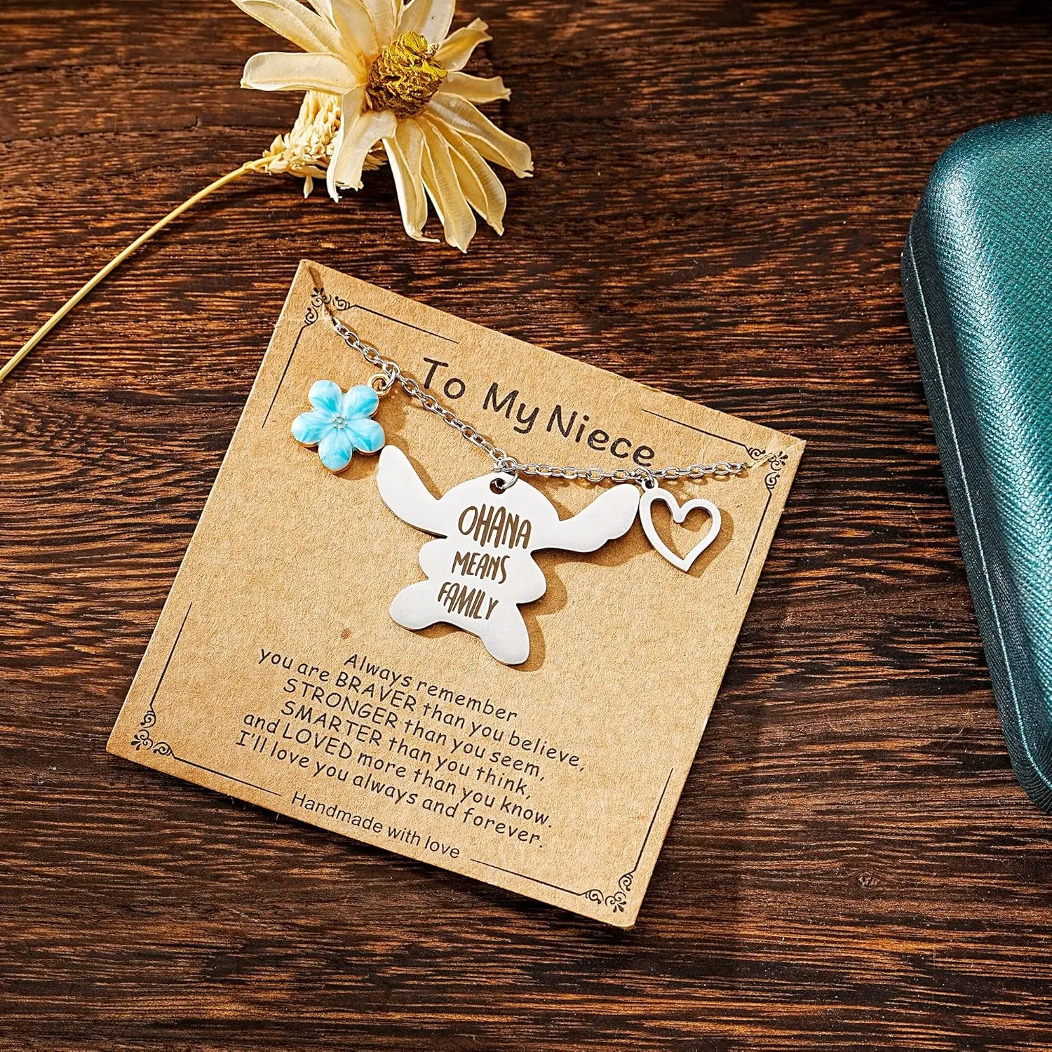 You are My Sunshine Pendant Necklace & Greeting Card, Ohana Means Family, Birthday Christmas Gifts for Women Niece Daughter