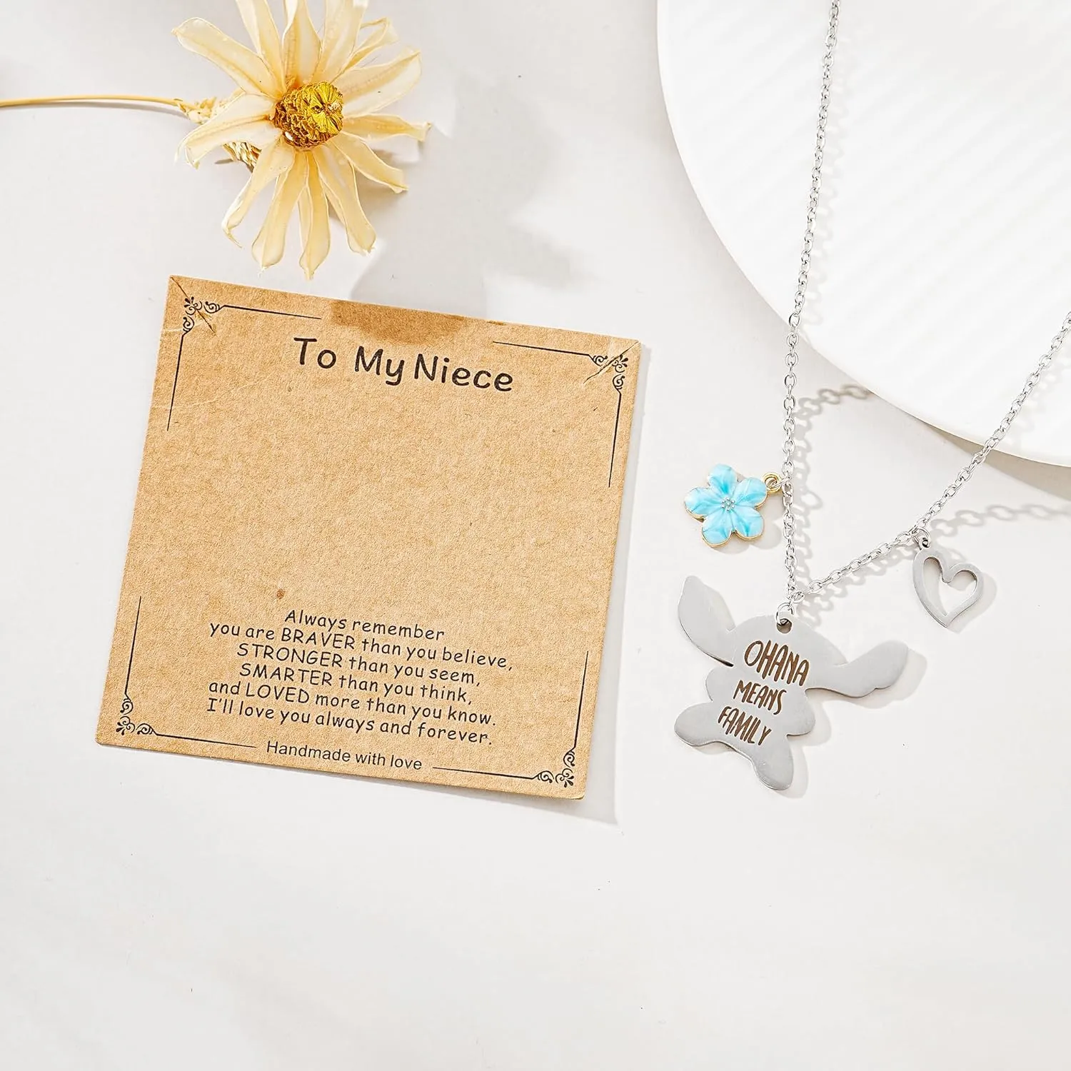 You are My Sunshine Pendant Necklace & Greeting Card, Ohana Means Family, Birthday Christmas Gifts for Women Niece Daughter