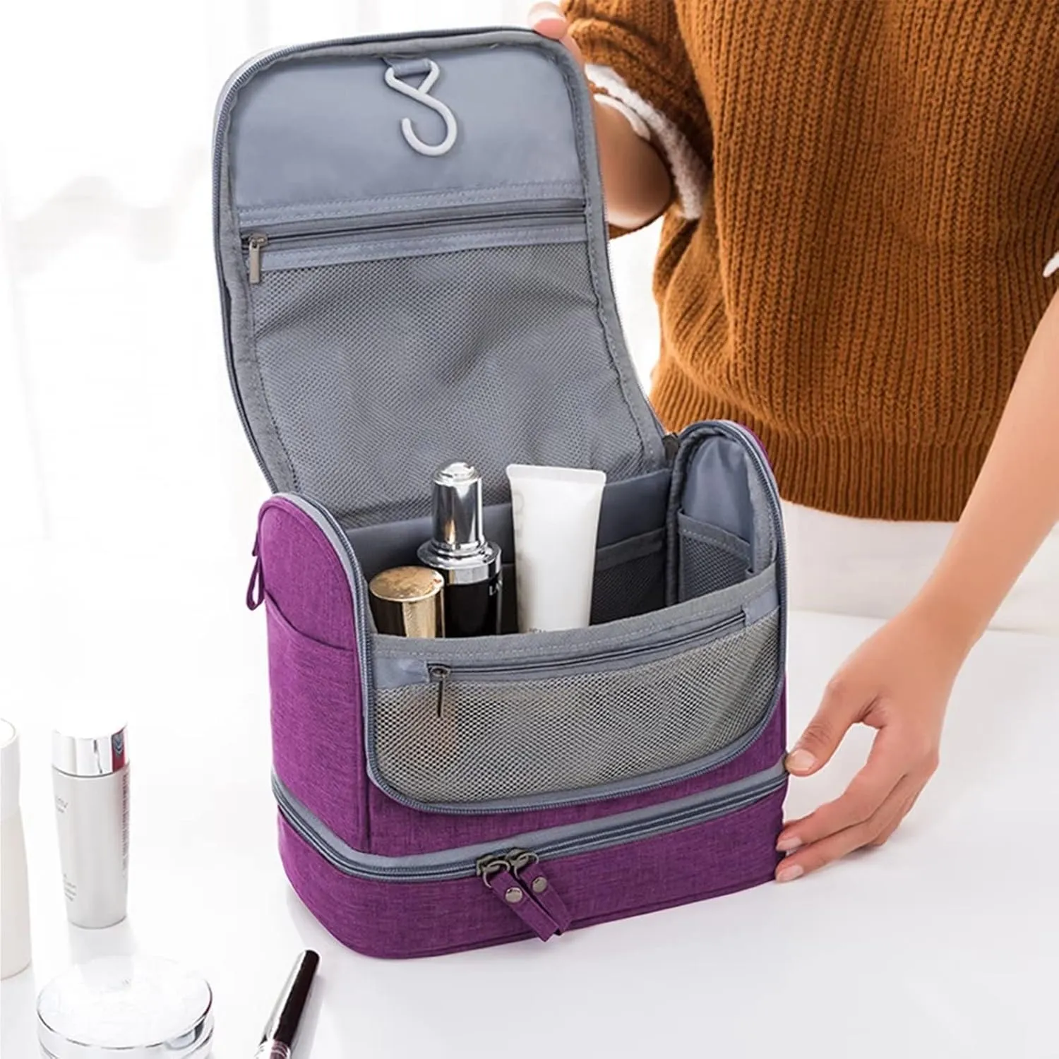 YUAKOU Toiletry Bag Travel Bag with Hanging Hook, Water-resistant Makeup Cosmetic Bag Travel Accessories For Men Women, Shampoo, Toiletries,Full Sized Container