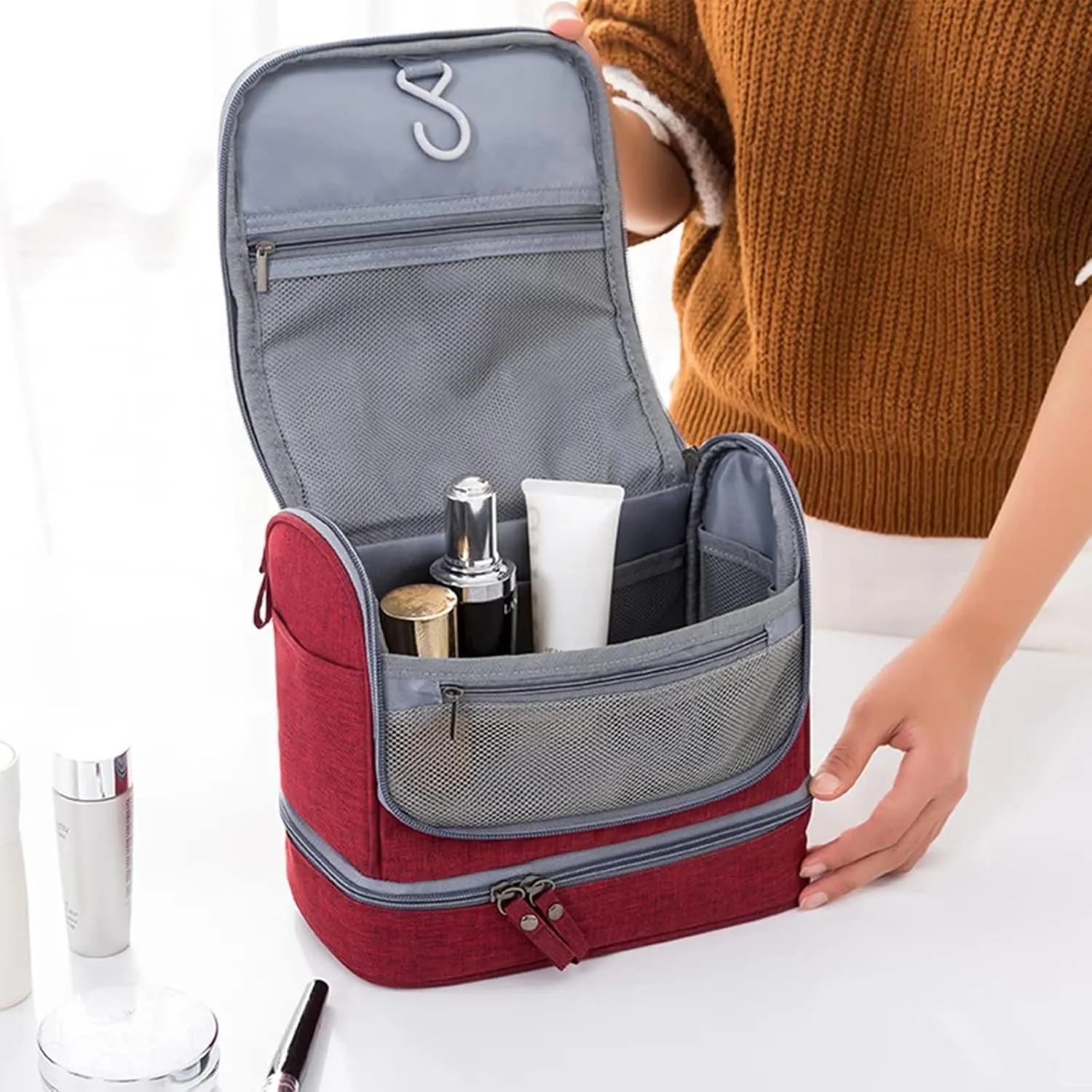 YUAKOU Toiletry Bag Travel Bag with Hanging Hook, Water-resistant Makeup Cosmetic Bag Travel Accessories For Men Women, Shampoo, Toiletries,Full Sized Container