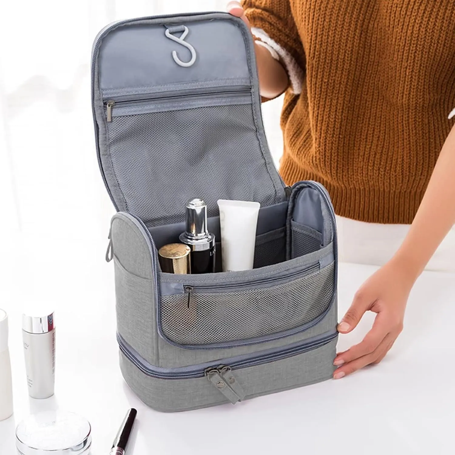 YUAKOU Toiletry Bag Travel Bag with Hanging Hook, Water-resistant Makeup Cosmetic Bag Travel Accessories For Men Women, Shampoo, Toiletries,Full Sized Container