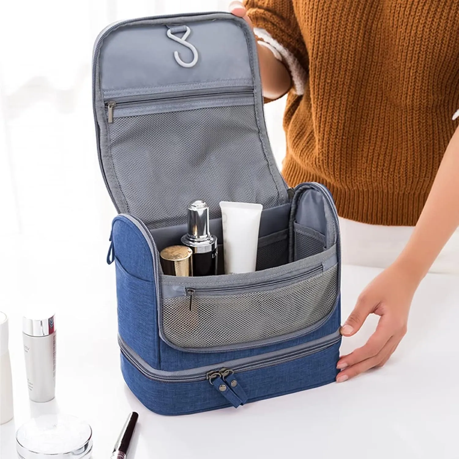 YUAKOU Toiletry Bag Travel Bag with Hanging Hook, Water-resistant Makeup Cosmetic Bag Travel Accessories For Men Women, Shampoo, Toiletries,Full Sized Container