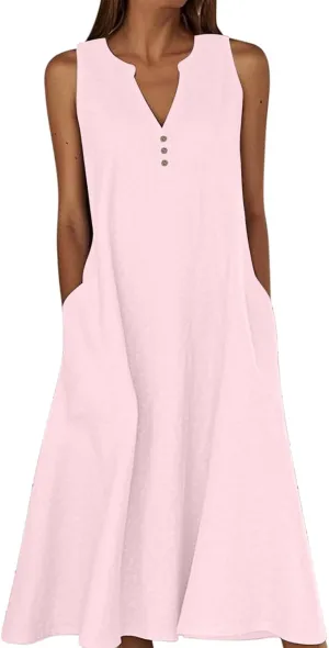 ZDRZK Summer Dresses for Women 2025 Casual Sleeveless Cotton Linen Sundresses Flowy Beach Vacation Dress with Pockets