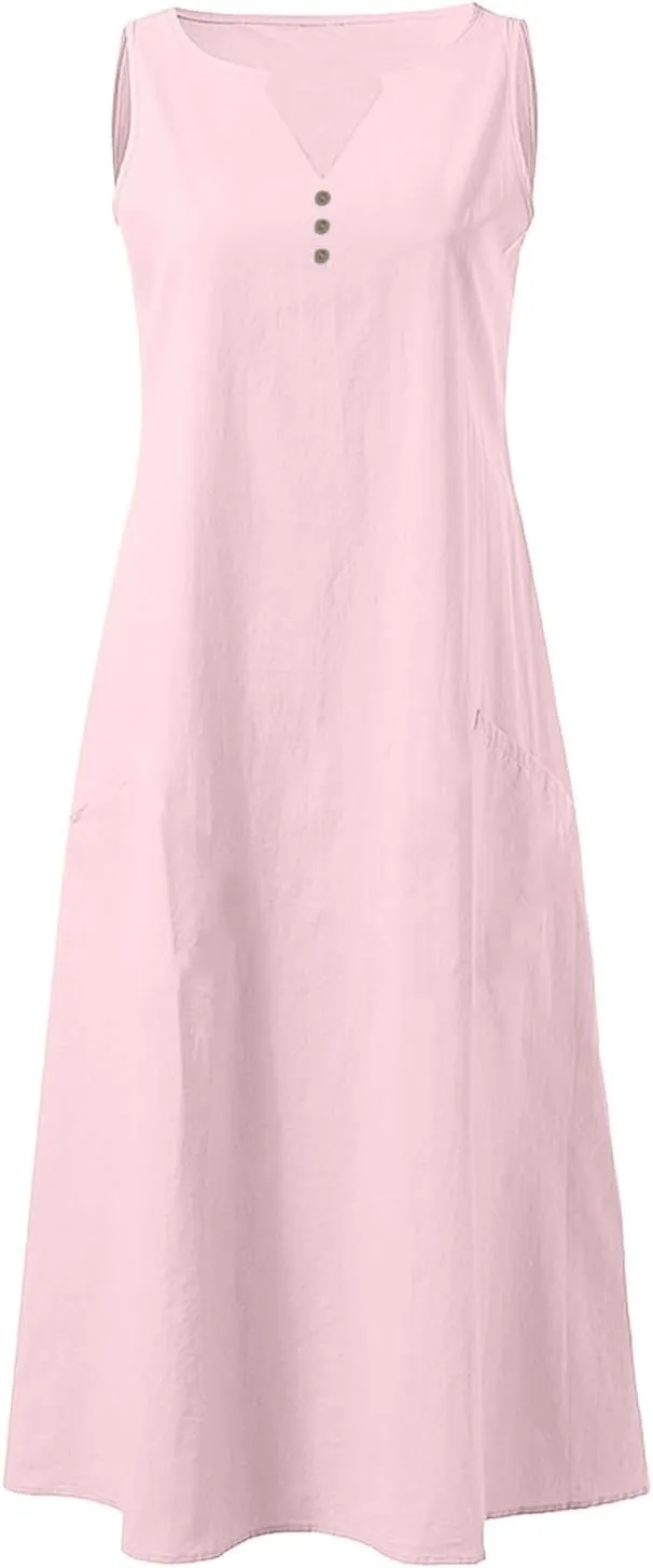 ZDRZK Summer Dresses for Women 2025 Casual Sleeveless Cotton Linen Sundresses Flowy Beach Vacation Dress with Pockets