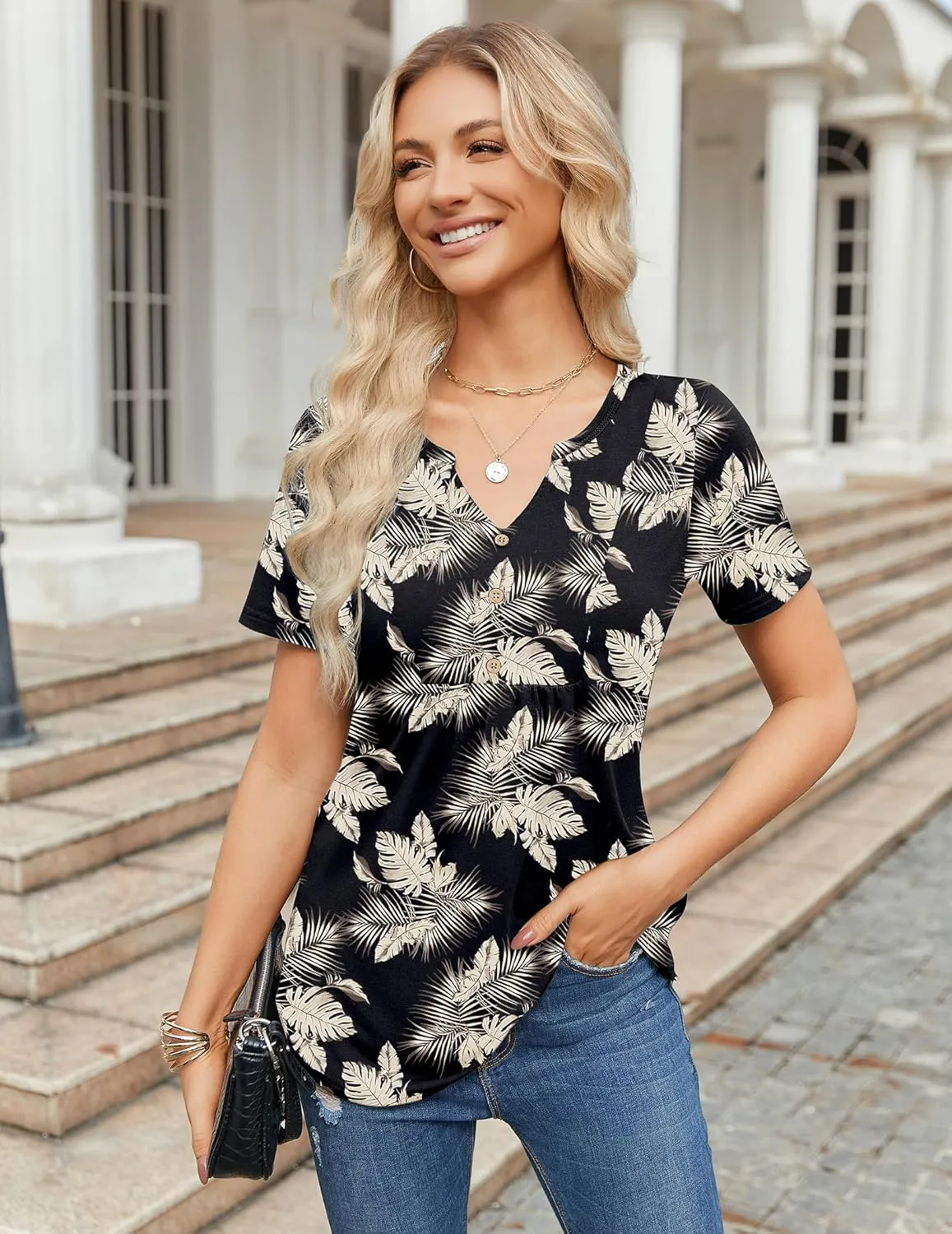 Zeagoo Womens Short Sleeve Tops Summer Henley V-Neck Tshirts Casual Pleated Blouse Dressy Loose Floral Basic Tee