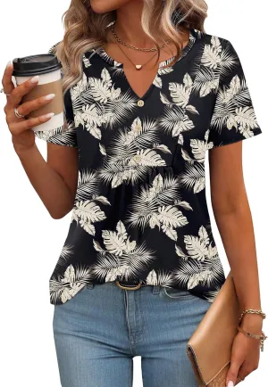 Zeagoo Womens Short Sleeve Tops Summer Henley V-Neck Tshirts Casual Pleated Blouse Dressy Loose Floral Basic Tee