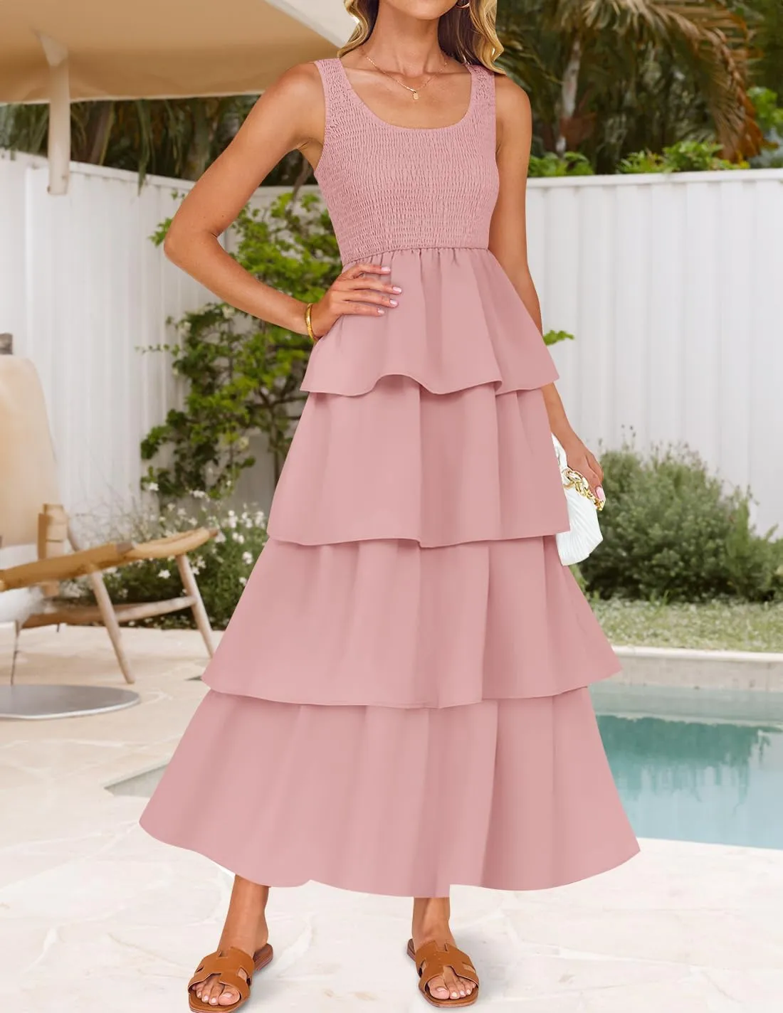 ZESICA Women's 2025 Summer Boho Sleeveless Midi Dress Scoop Neck Ruffle Tiered Layered Swing Long Beach Vacation Dresses