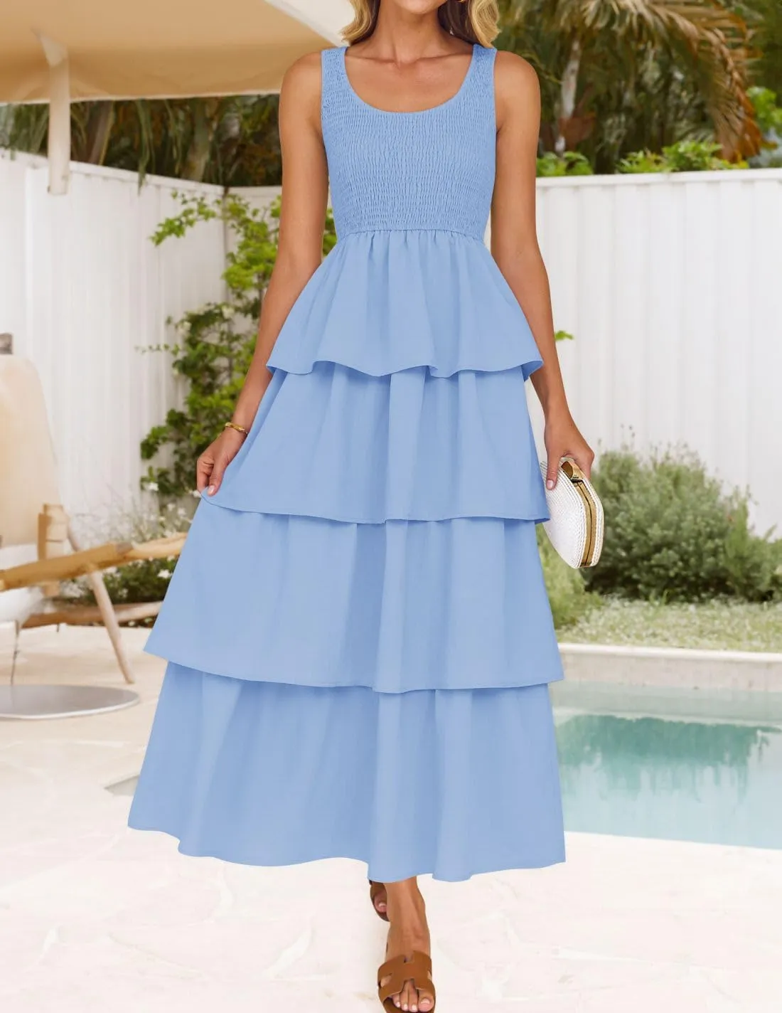 ZESICA Women's 2025 Summer Boho Sleeveless Midi Dress Scoop Neck Ruffle Tiered Layered Swing Long Beach Vacation Dresses