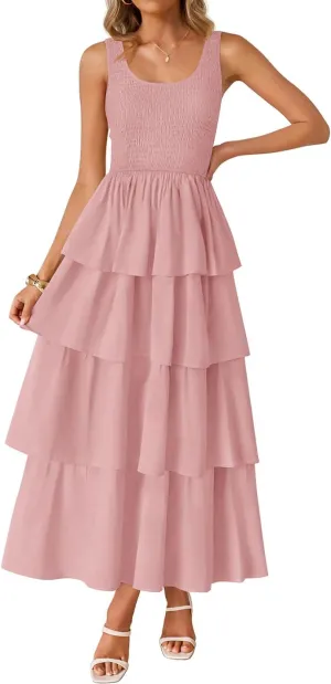 ZESICA Women's 2025 Summer Boho Sleeveless Midi Dress Scoop Neck Ruffle Tiered Layered Swing Long Beach Vacation Dresses