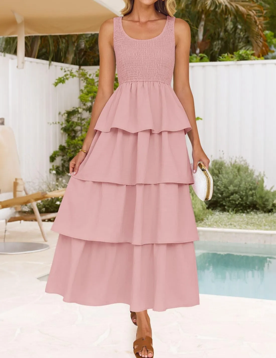 ZESICA Women's 2025 Summer Boho Sleeveless Midi Dress Scoop Neck Ruffle Tiered Layered Swing Long Beach Vacation Dresses