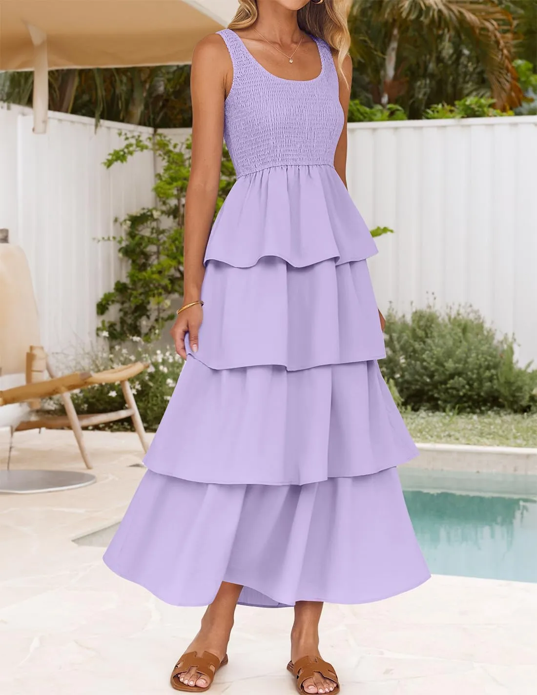 ZESICA Women's 2025 Summer Boho Sleeveless Midi Dress Scoop Neck Ruffle Tiered Layered Swing Long Beach Vacation Dresses