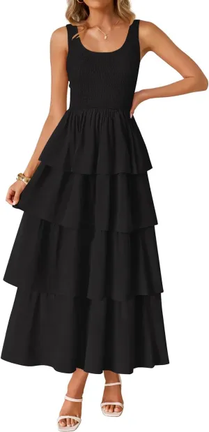 ZESICA Women's 2025 Summer Boho Sleeveless Midi Dress Scoop Neck Ruffle Tiered Layered Swing Long Beach Vacation Dresses