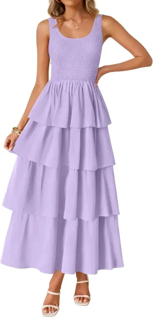 ZESICA Women's 2025 Summer Boho Sleeveless Midi Dress Scoop Neck Ruffle Tiered Layered Swing Long Beach Vacation Dresses