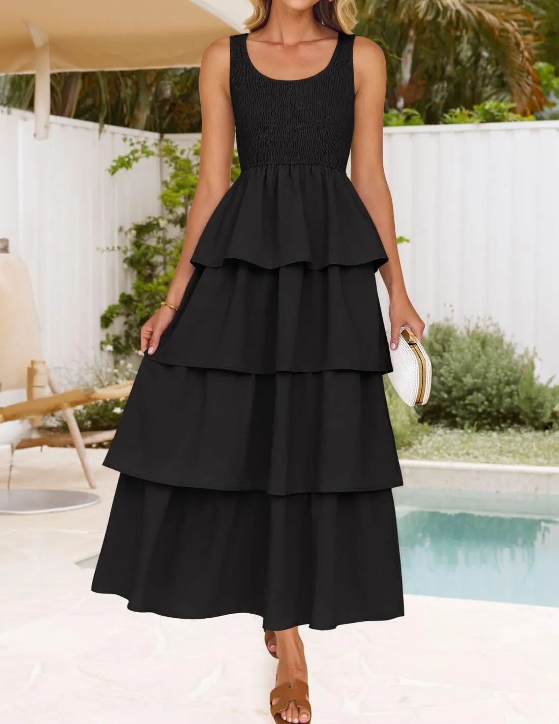 ZESICA Women's 2025 Summer Boho Sleeveless Midi Dress Scoop Neck Ruffle Tiered Layered Swing Long Beach Vacation Dresses