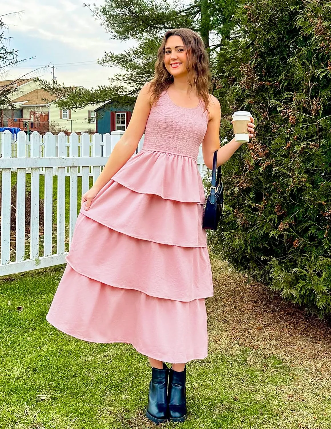 ZESICA Women's 2025 Summer Boho Sleeveless Midi Dress Scoop Neck Ruffle Tiered Layered Swing Long Beach Vacation Dresses