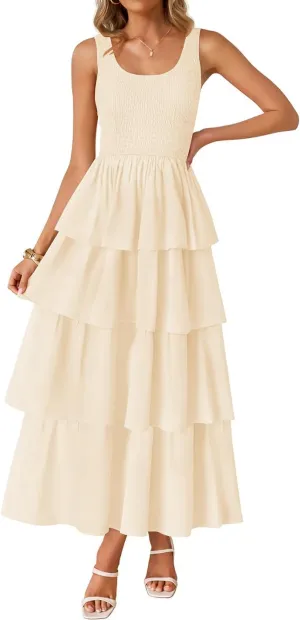 ZESICA Women's 2025 Summer Boho Sleeveless Midi Dress Scoop Neck Ruffle Tiered Layered Swing Long Beach Vacation Dresses