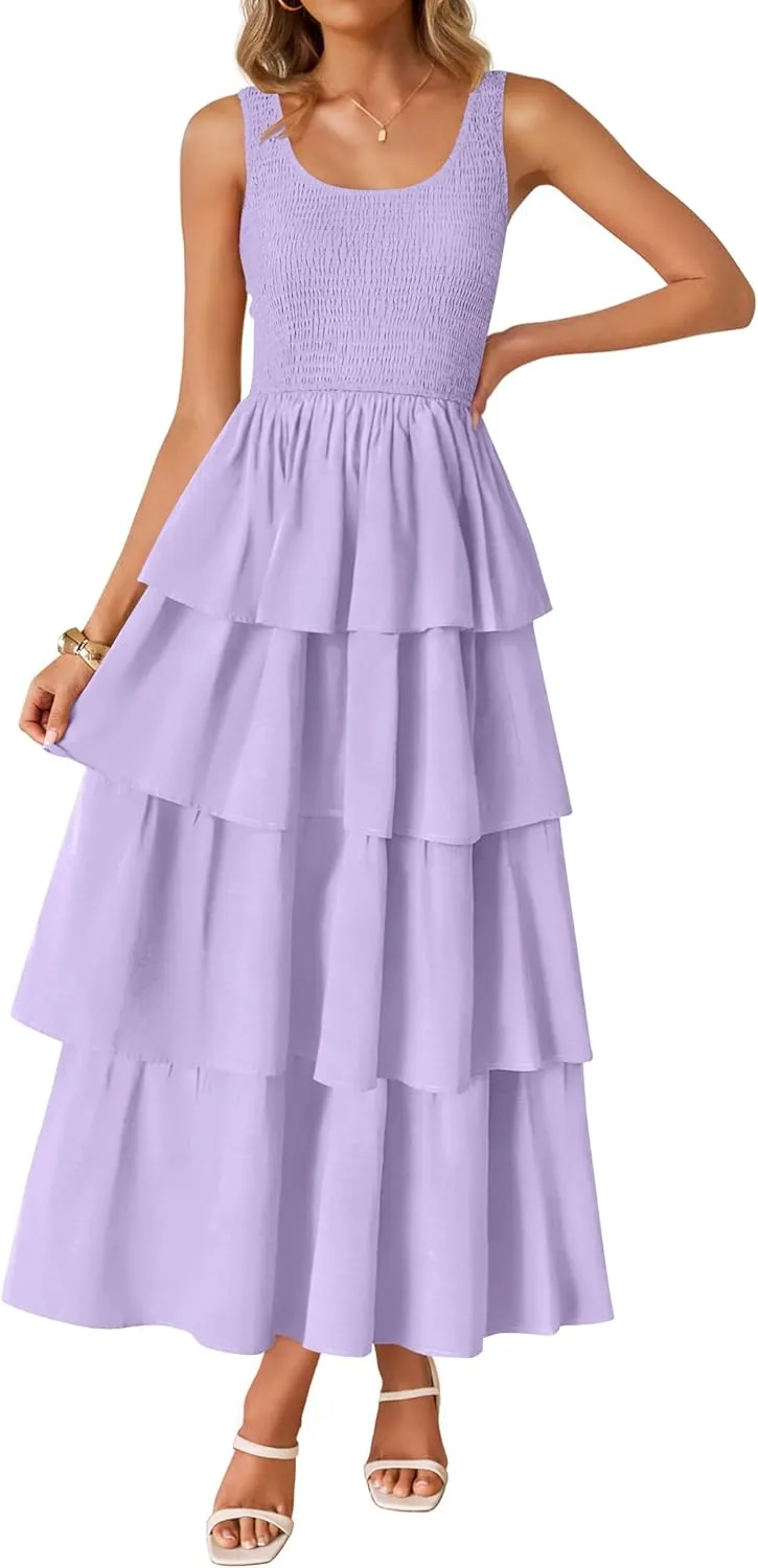ZESICA Women's 2025 Summer Boho Sleeveless Midi Dress Scoop Neck Ruffle Tiered Layered Swing Long Beach Vacation Dresses
