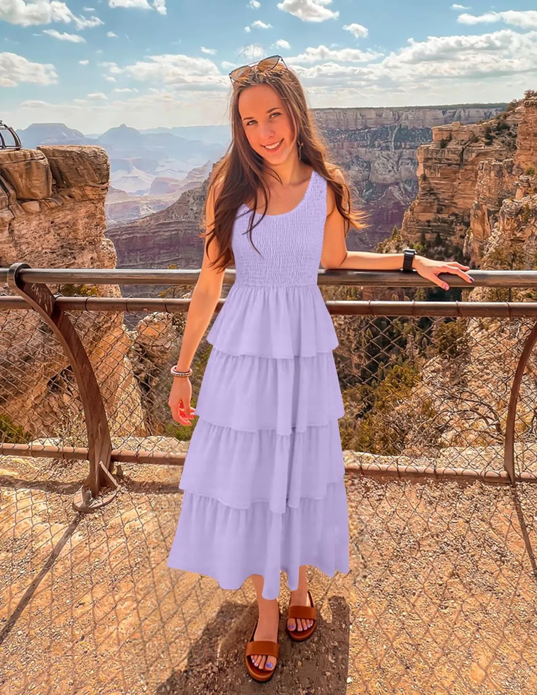 ZESICA Women's 2025 Summer Boho Sleeveless Midi Dress Scoop Neck Ruffle Tiered Layered Swing Long Beach Vacation Dresses